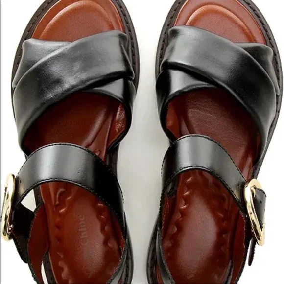 See by Chloe sandals LYNA flat black leather buckle 35.5 new - Picture 3 of 13